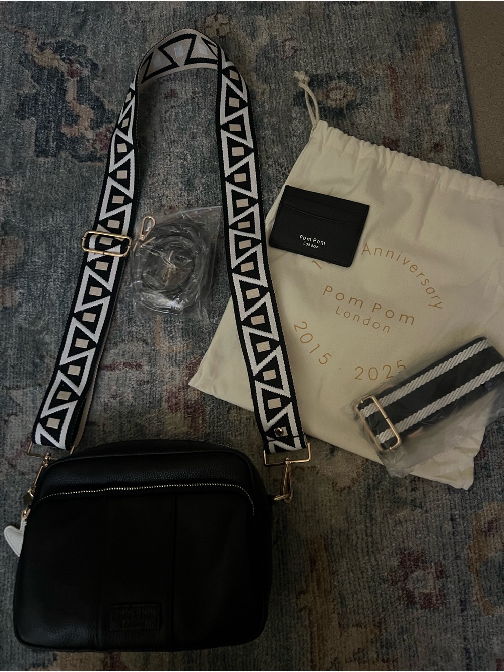 Pom Pom London Black Leather Double-Zip Crossbody Bag with Patterned Strap - Picture 6 of 7